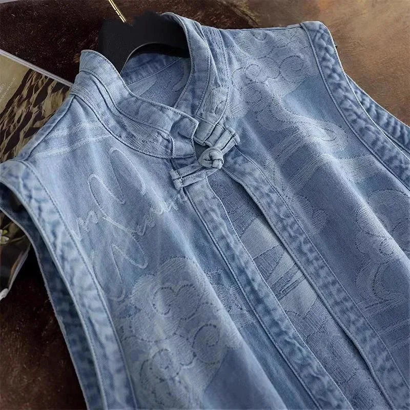 Etnische Chinese stijl gesp lente zomer denim vest draagt een nieuwe plus size cheongsam blouse mouwloos vest jas vrouwelijk