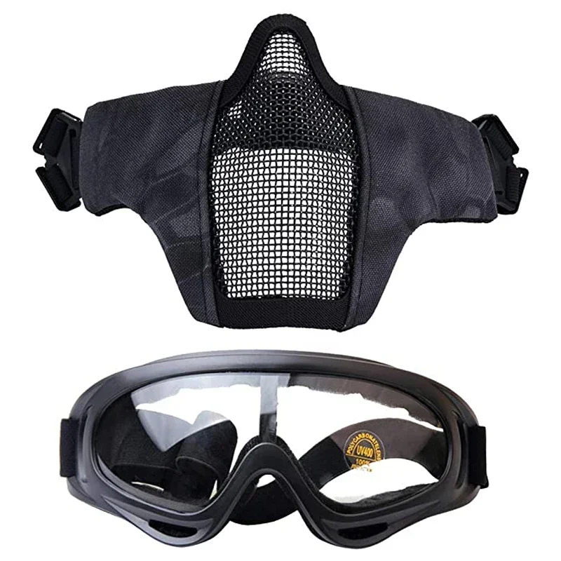 Tactical Mask + Goggles Airsoft Half Face Steel Mesh and Goggles Set for Paintball CS Survival Games Cosplay