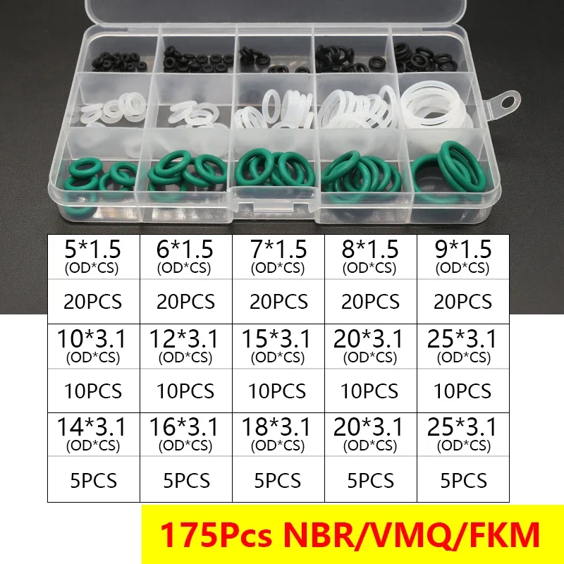 Boxed VMQ NBR FKM O Ring Set Rubber Washer Seals Assortment Red/Black/Green O-Ring Seals Set High Quality For Car Gasket