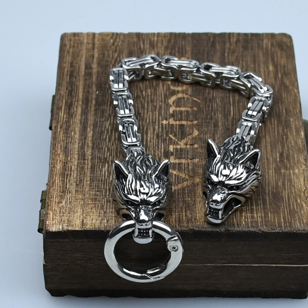 Bracelet amulette en acier inoxydable, chaîne de roi, tête de loup viking, runes nordiques, pour hommes