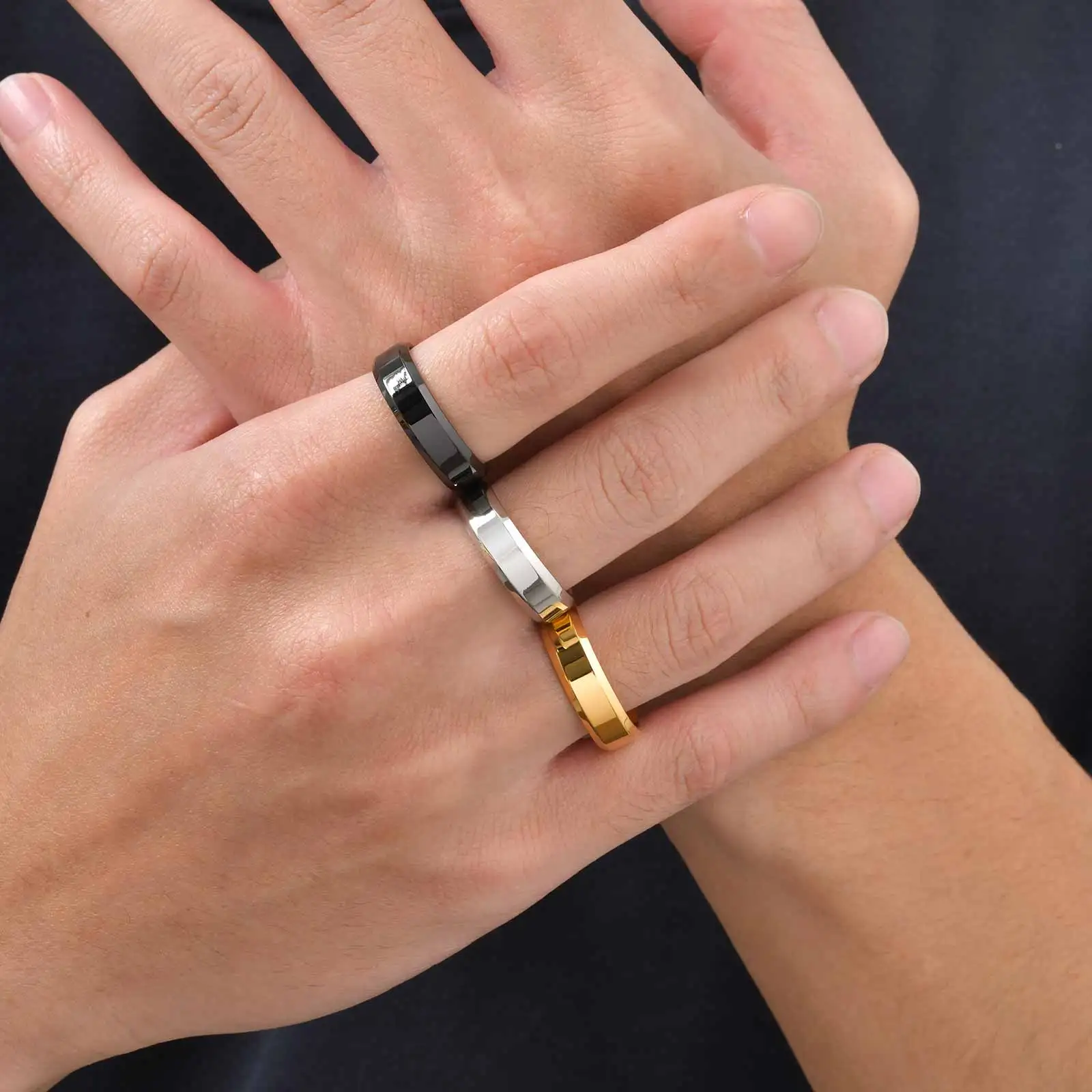Vnox 3-teiliges Herren-Ringset aus Edelstahl, schwarz, silberfarben, goldfarben, Ehering, Schmuckgeschenk zum Jahrestag, Geburtstag, Party, neu – Detail 2