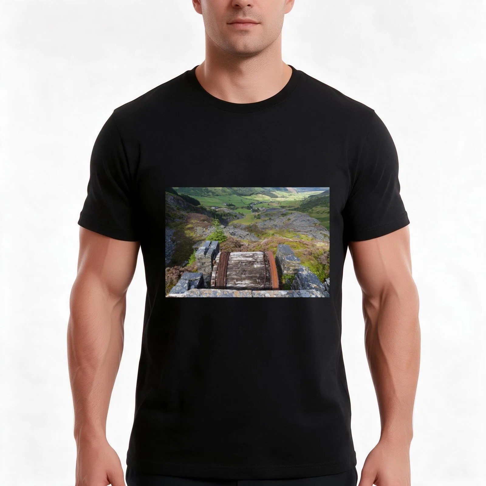 Cwm Penmachno, with slate quarry, incline drum house. T-Shirt, Summer Casual Cotton Tee, Oversized Streetwear Tops, 100% Cotton