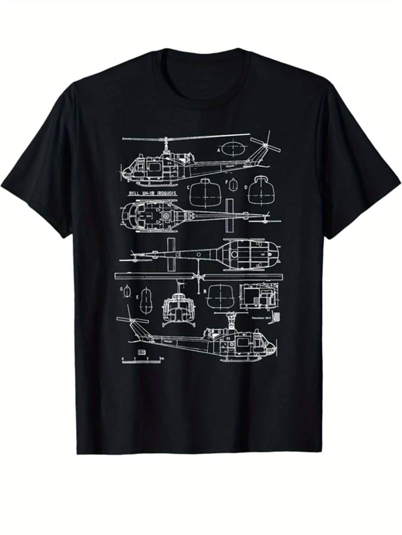 Men's Aviation-Themed Aircraft Pilot T-Shirt - Black with White Aviation Blueprint Airplane Diagram