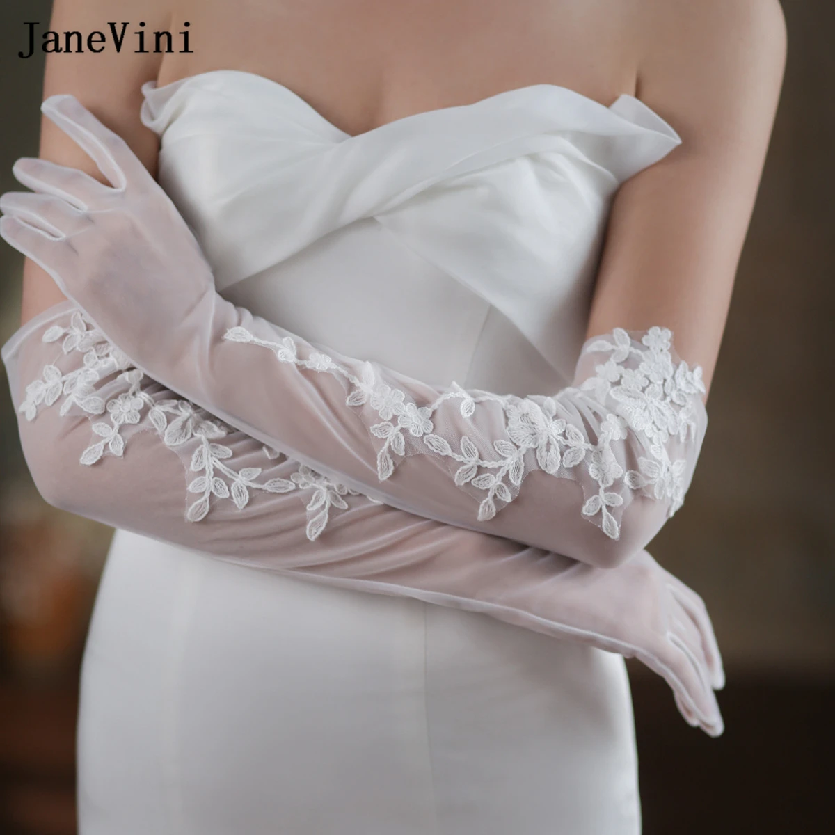 JaneVini 2023 Elegant Korean Ivory Long Bridal Gloves with Lace Appliques Full Finger Tulle 60cm Glove Wedding Dress Accessories