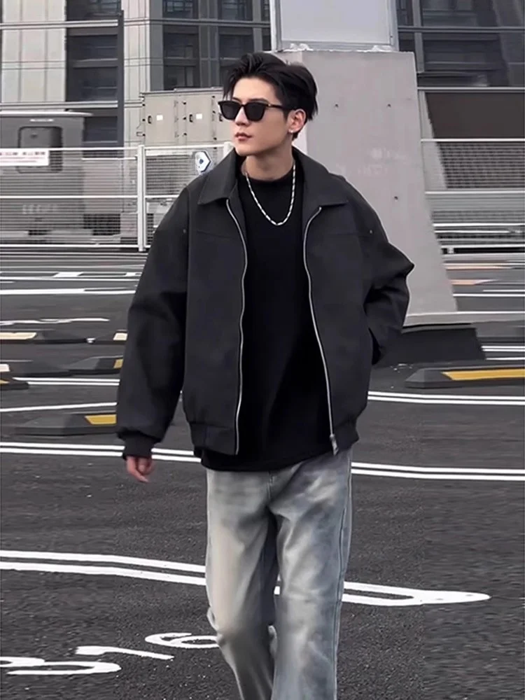 

Cleanfit American Sle Leather Jaet Men's ort Collar Autumn Winter Bla Coat Youthful Energy Loose Fit Faionable