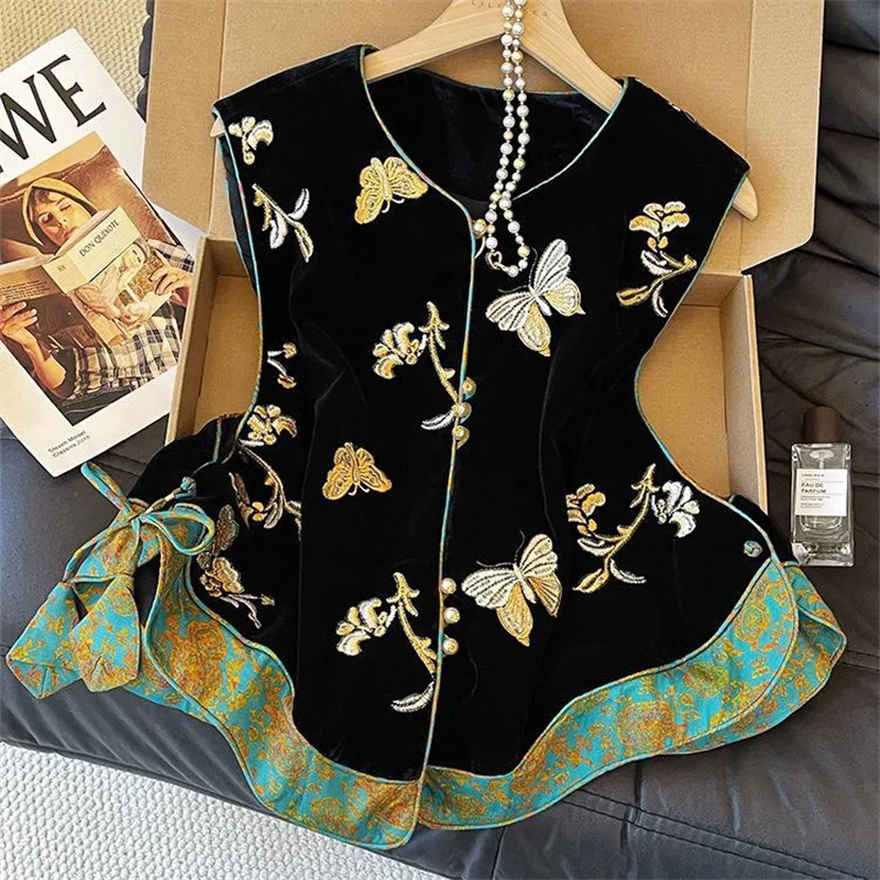 

Женский жилет в новом китайском стиле, национальный шик, высококачественный бархатный жилет, женский весенне-осенний модный жилет с черной строчкой, трендовый