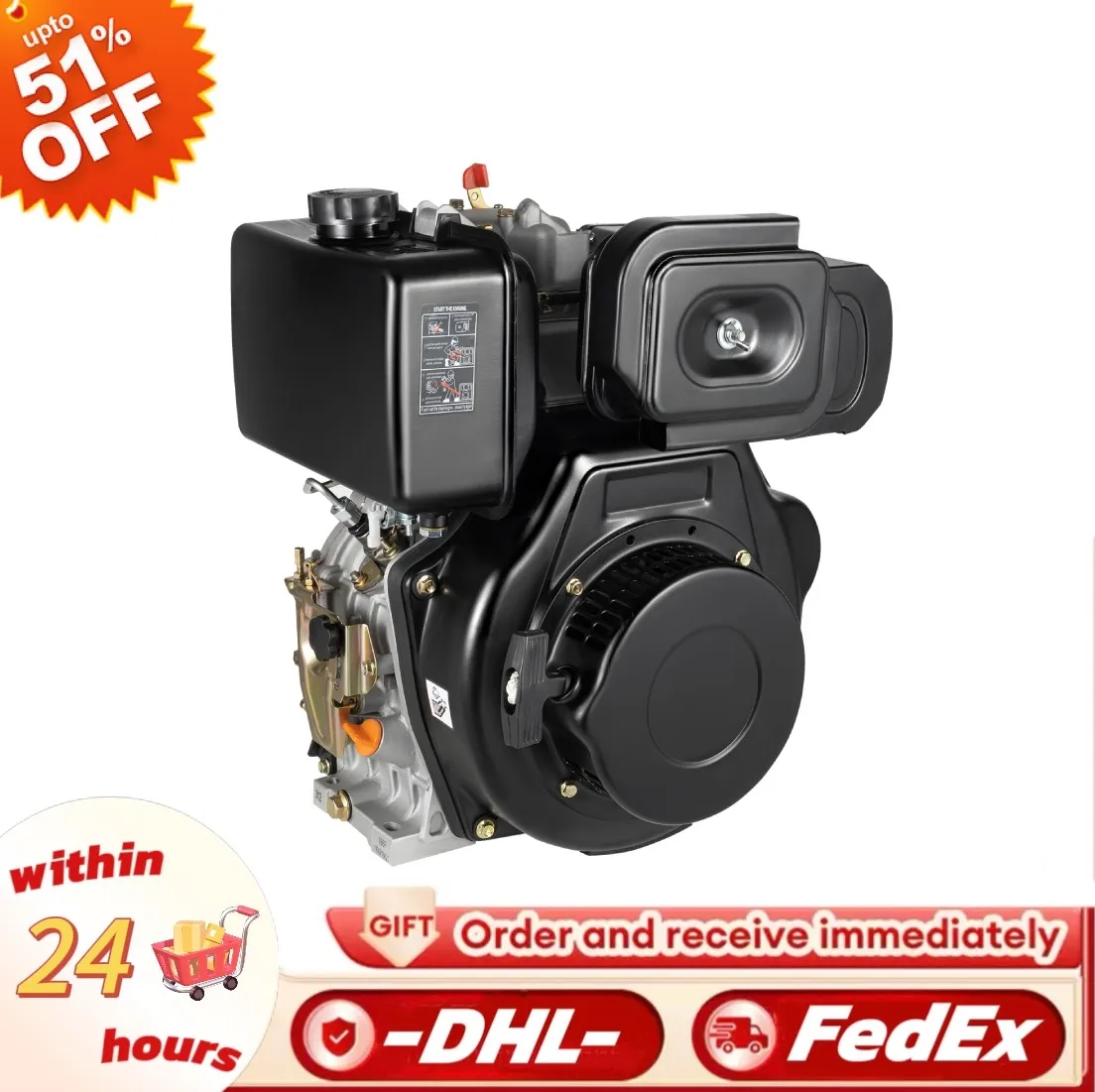 Diesel Engine 406cc 10hp Black Heavy Duty Single Cylinder Air-cooled Recoil