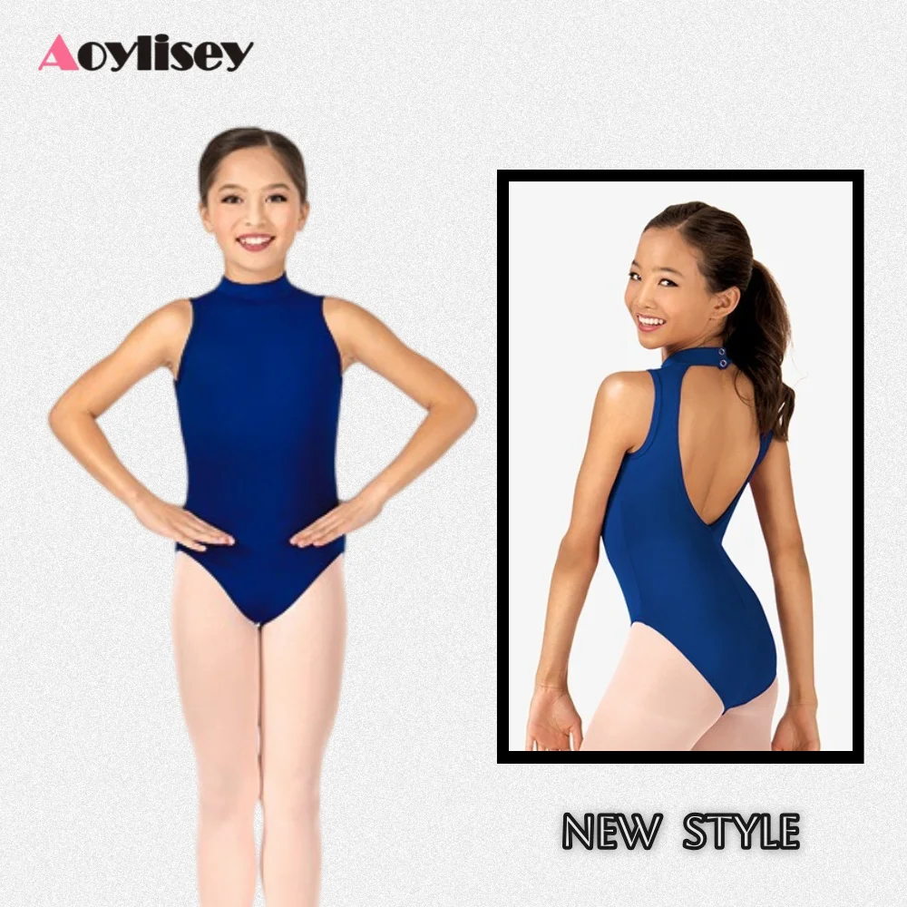 ชุดบอดี้สูทเด็กผู้หญิงสีดำแบบไม่มีแขน คอเต่า เปิดหลัง ผ้ายืด สำหรับเต้นบัลเลต์ ยิมนาสติก และการแสดงบนเวที