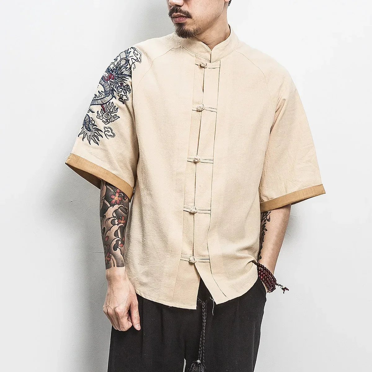 Embroidery Golden Dragon Shirts Men\'s Chinese Style Retro Linen Kungfu Short Sleeve Cardigan Mens Casual Novelty Loose Shirt Men