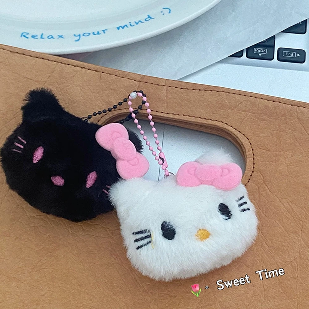 New Hello Kitty Keychain Sanrio Cute Black Pink Bow Doll Bag Plush Phone Pendant Car Key Chain Couple Accessories Birthday Gift