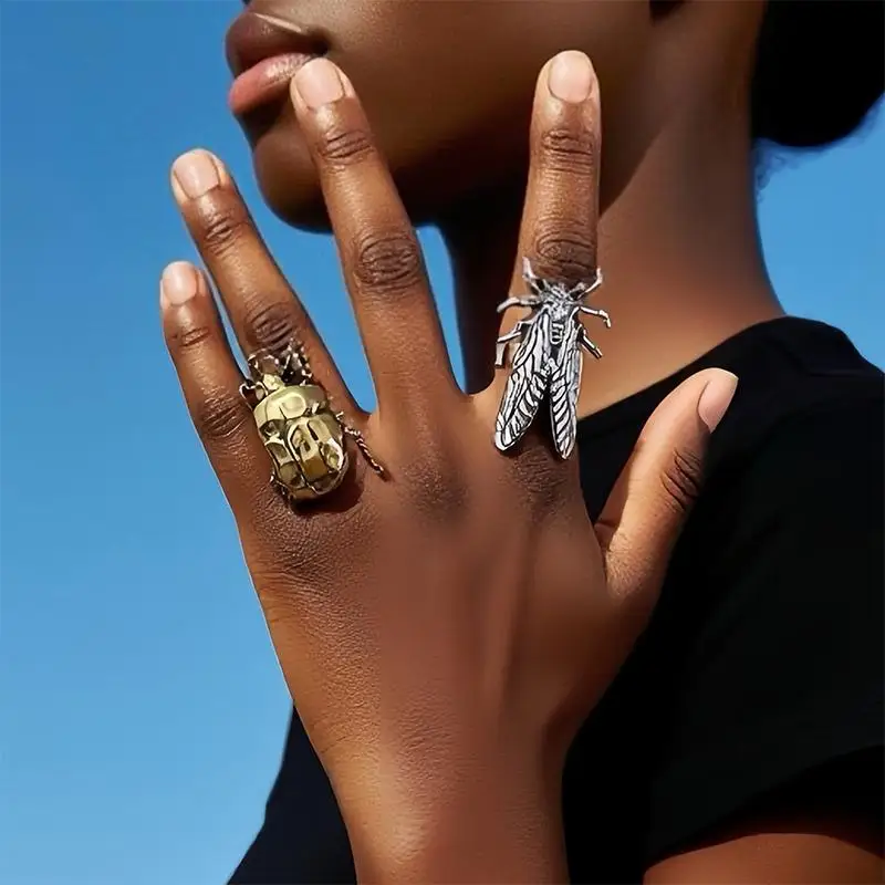 Retro Insect Animal Ring Metal Cicada Beetle Adjustable Size Women Novelty Gift Statement Jewelry for Events