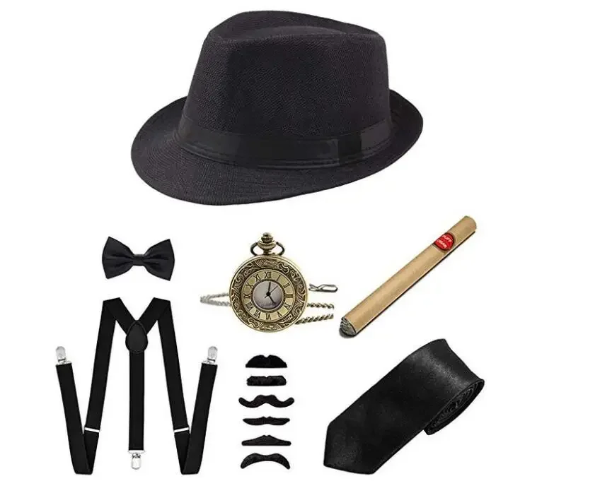 Men's 1920s 20s Gatsby Costume Accessories Set - Gangster Party Props including Beret Cigar Suspender Pocket Watch