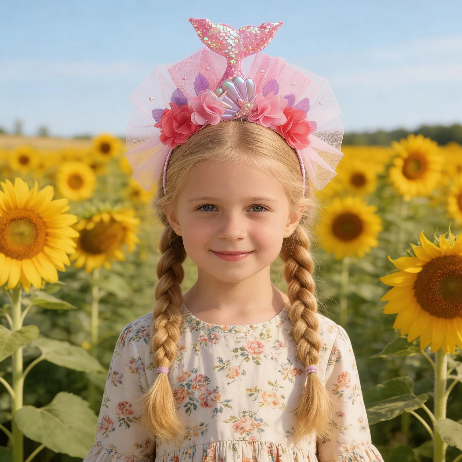 1Set Sequin Mermaid Headband Fairy Wand Fish Hair Hoop Tulle Flowers Shell Princess Cosplay Dress Up Mermaid Party Accessories