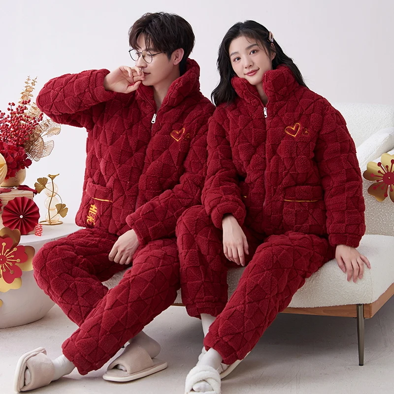 Newest Couple Pajamas Set Women Men Thick 3 Layers Pijama Winter knited Cotton Quilted Pyjamas