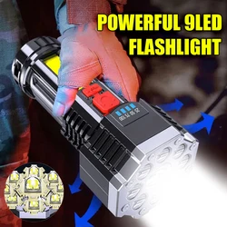 9 LED Super Bright Flashlight Rechargeable Outdoor Multi-function Waterproof Led Long-range Spotlight Battery Display COB Light