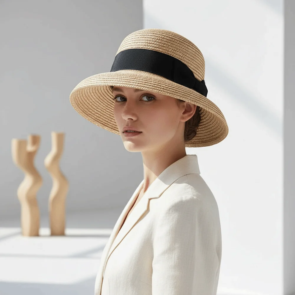 High-Density Weave Wheat Straw Cloche Grosgrain Ribbon Trim Breathable French Style Sun Hat Retainable Shape