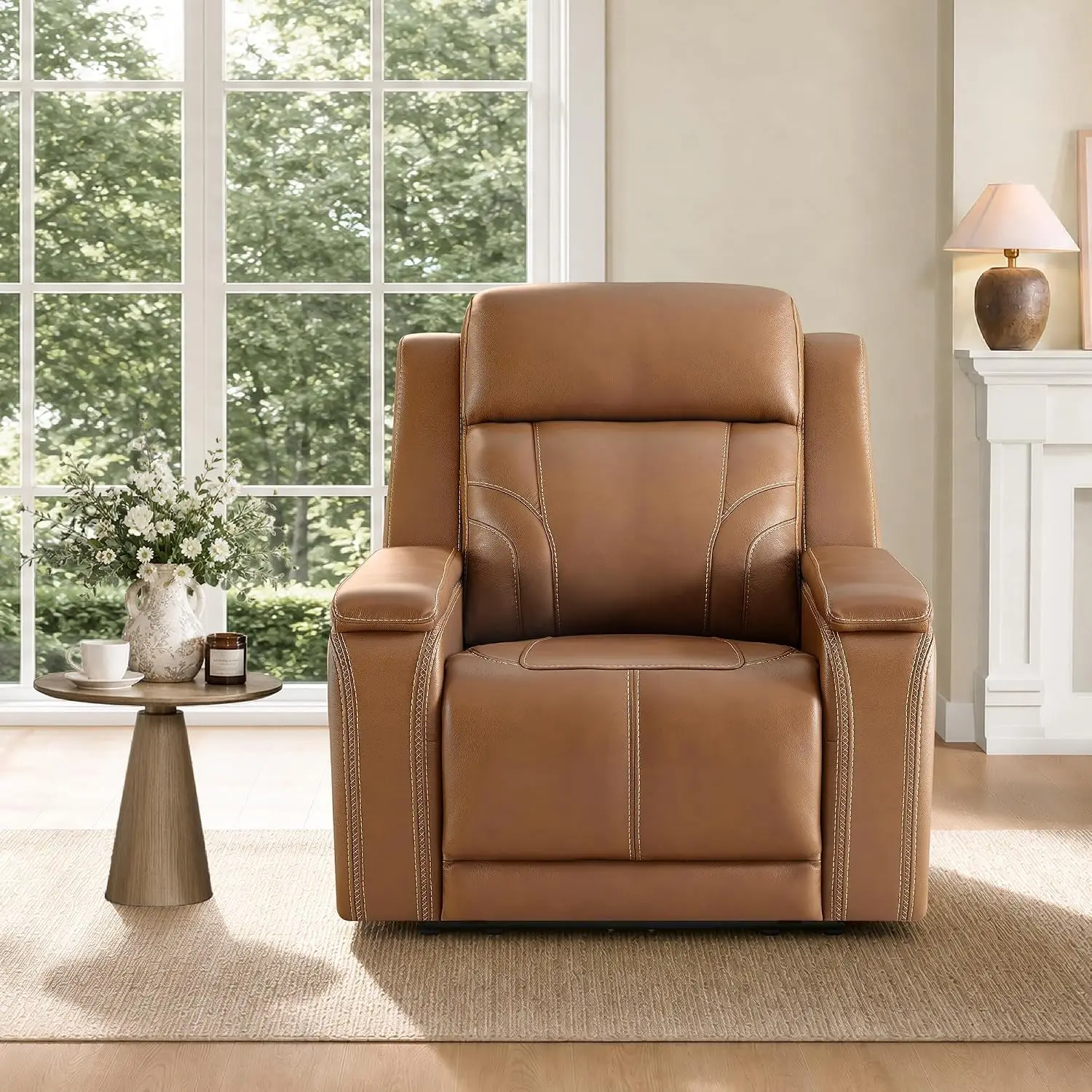 Lay Flat Recliner W Power Headrest, Leather Saddle Brown