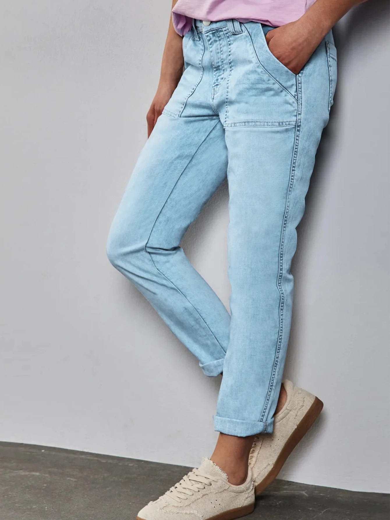 2025 autumn new women's washed light blue series comfortable nine-point jeans cuff personality jeans casual all-match kuan