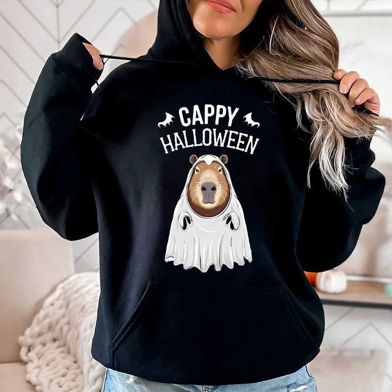 Cappy Capy Halloween Capybara Kawaii Ghost Print para mujer, sudaderas con capucha, suéter de terciopelo, Tops sueltos, Otoño e Invierno