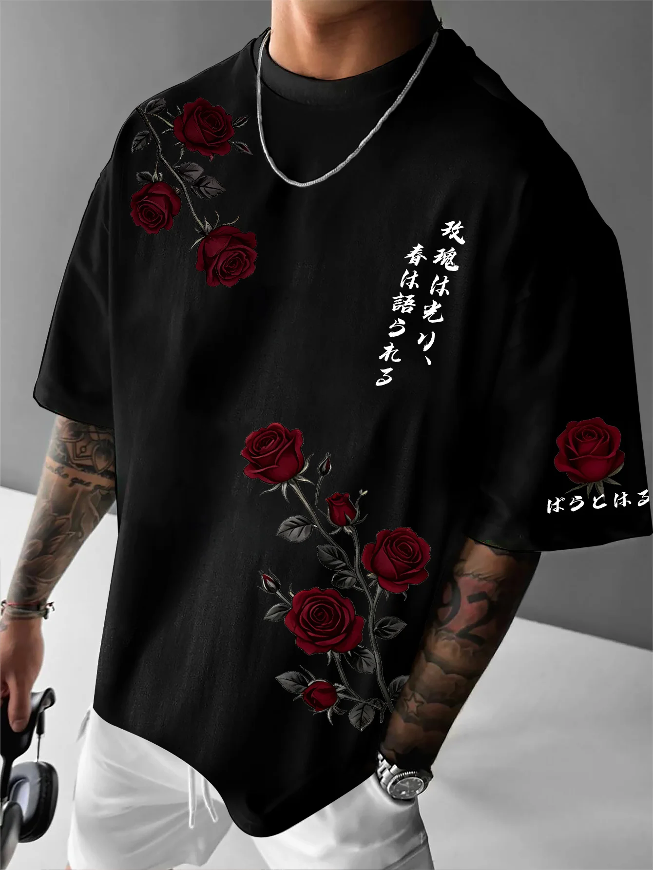 New Men's T-shirt with Japanese Style Red Rose Branch Pattern and Japanese Calligraphy Printed T-shirt