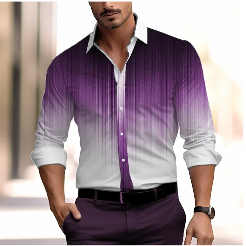 Color Gradient 3D Printed Casual Men's Shirt Spring Lapel Single Breasted Long Sleeve XS-6XL Four-Way Stretch Fabric Shirt 2025