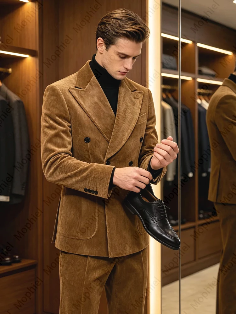 Men's Suit Brown Corduroy 2 Piece Double Breasted Peak Lapel Blazer Pants Slim Fit Formal Gentleman Set for Business Wedding