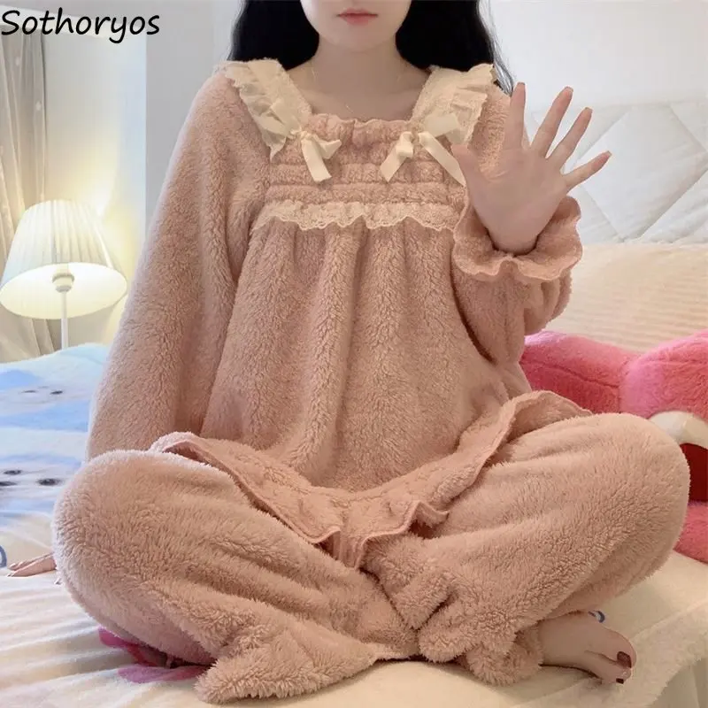 Fluffy Coral Velvet Pajama Sets Women Sweet Soft Solid Warm Thicken Winter Vintage Square Collar Bow Designed Simple Sleepwear