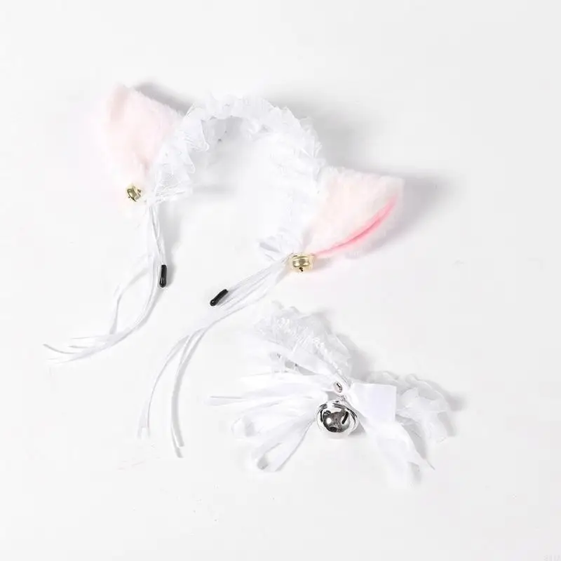 

831A Furry Ears Headband Bells Choker Necklace Halloween Animal Costume for Women