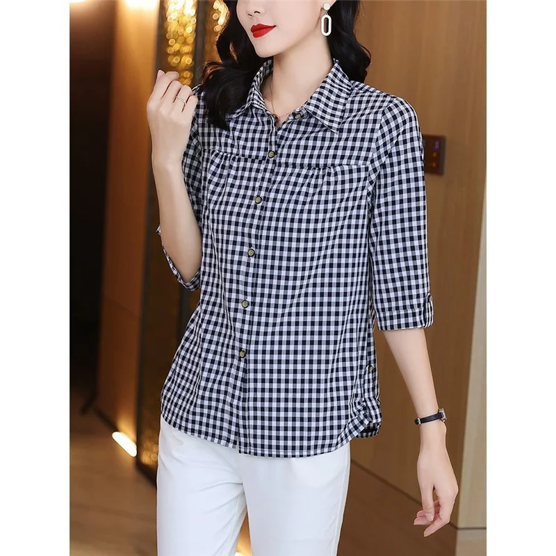 Elegant Plaid Print Loose Turn Down Collar Cotton Button Up Shirt Women Fashion Casual Half Sleeve All Match Ladies Tops Blouses