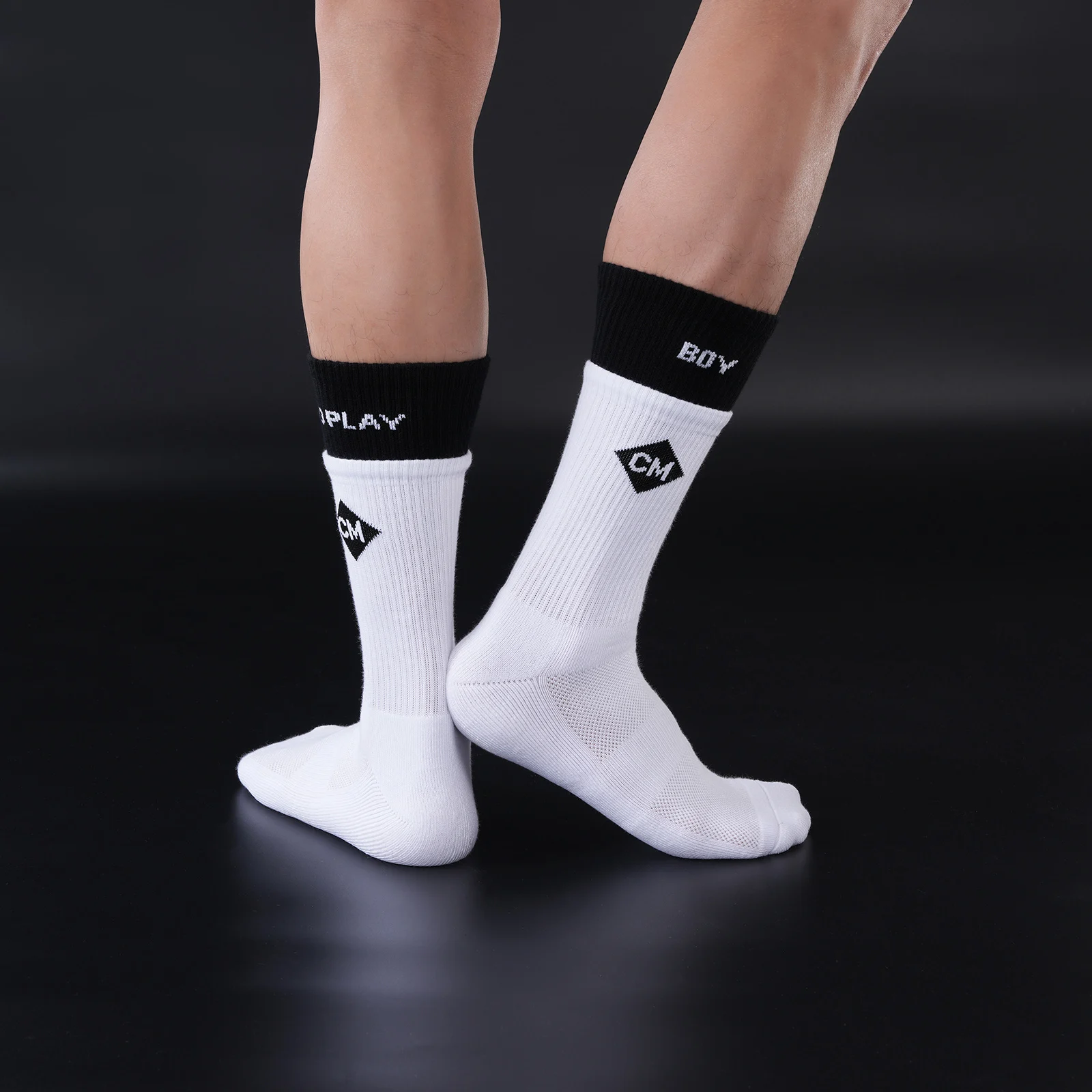 Mens Sexy Mid Calf Tube Terry Socks Black Cuff Letter Pattern Cotton Thickened Elastic 3A Antibacterial Erotic Clubwear Socks