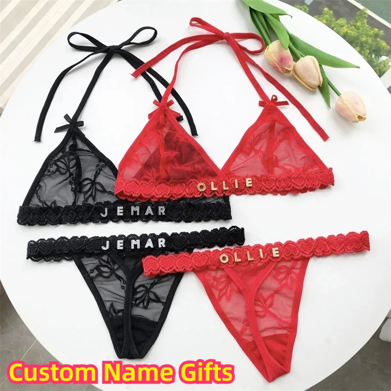 

Custom Personalized Crystal Letters Name Bra and Thong Sets for Women Hot Wife Lover Gift Sexy Lace Strap Up Backless Underwear