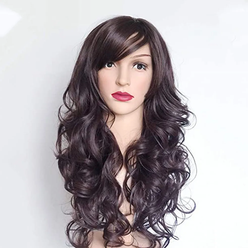 WHIMSICAL W Dark Brown Hair Wigs Synthetic Wig Women\'s Long Wavy Curly  Heat Resistant Cosplay Party Daily Wig for Women