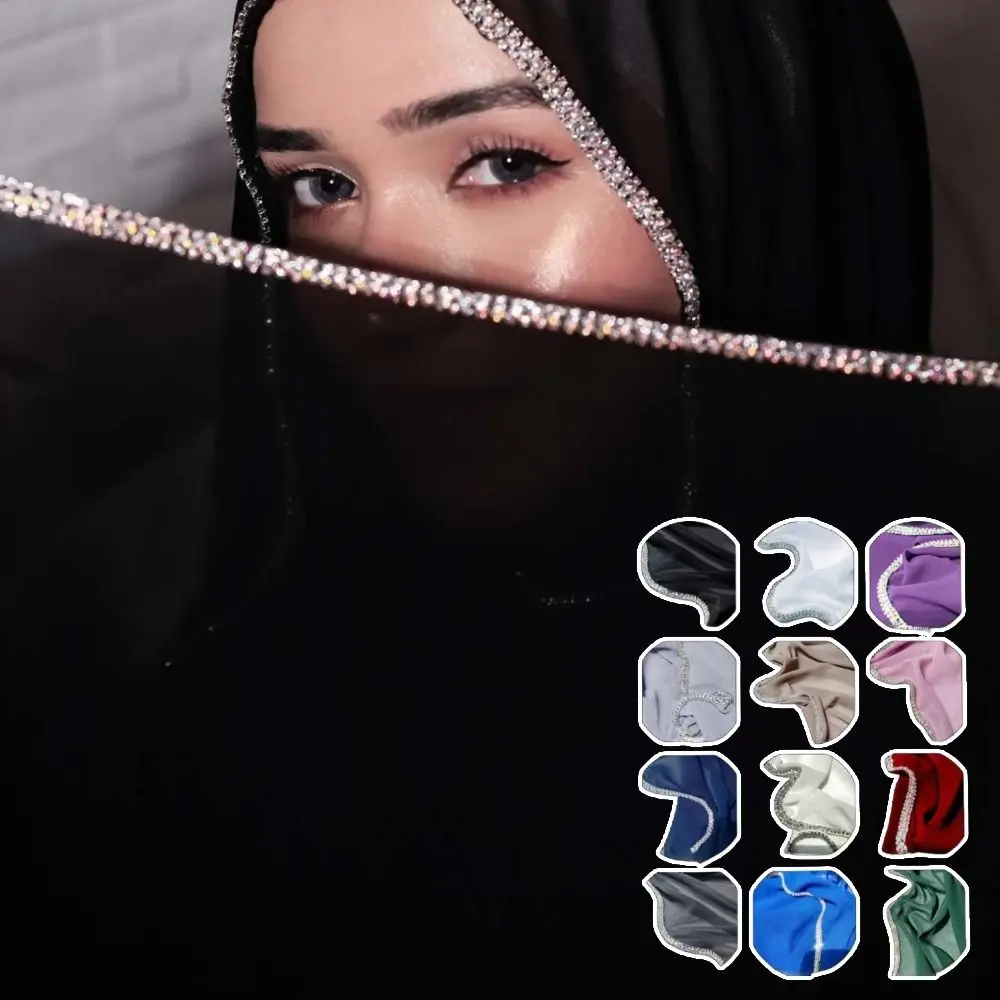

New Design Bright Diamond Side Malay Hijab Chiffon Muslim Fashion Headscarf Solid Color Lady Shawl for Women Girls
