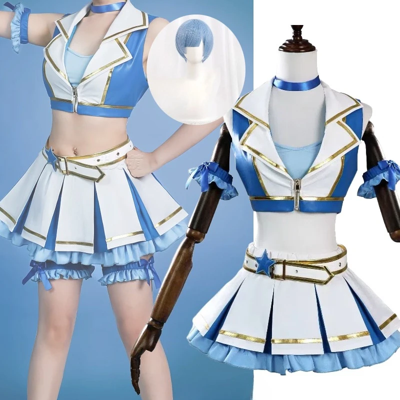 

Anime Rem Cosplay Costume Life in a Different World Cos Blue Cheerleader Dress Top Skirt with Accessories Full Set for Women