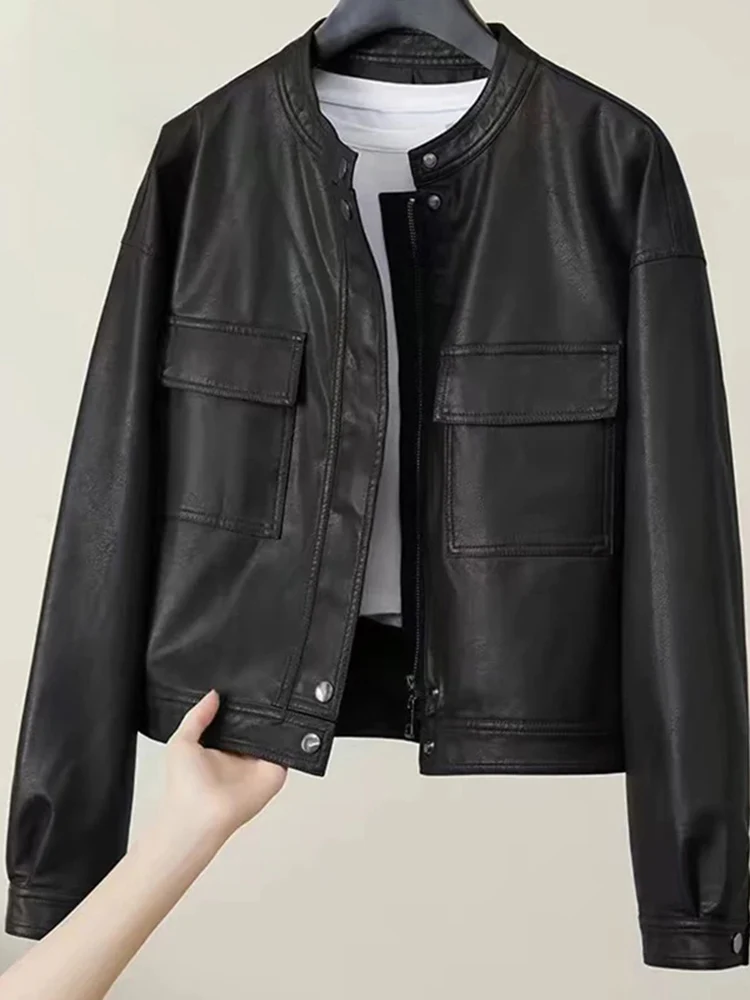 Jaqueta de Couro Feminina Retrô Americana 2025 Nova Casual Estilo Motociclista Hong Kong Tendência Agasalho de Couro