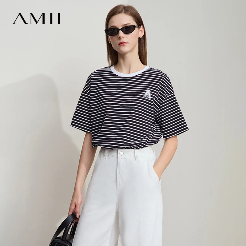 Amii Minimalist T-shirt Women Loose Elastic Striped Pure Cotton Dropped Shoulder Short Sleeves Printed Casual Tee Tops 12522002
