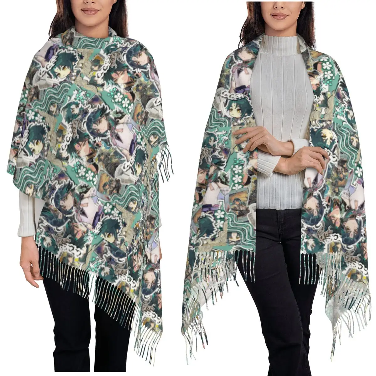 

Genshin Impact Xiao Games Scarf Tassel Scarves for Women Soft Warm Shawls and Wraps Long Fall Winter Shawl Wrap