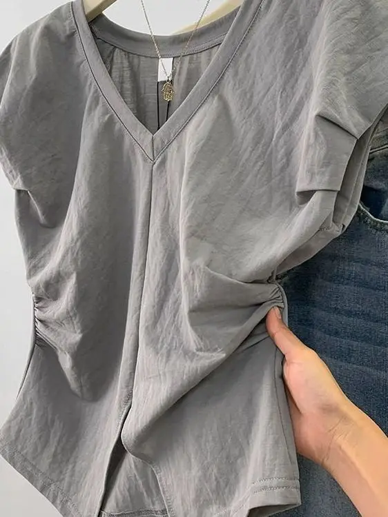 

Ele V-Ne ort-Sved irt Женский летний топ длиной до плеч с застежкой на талии, корейский свободный крой и пуговицами