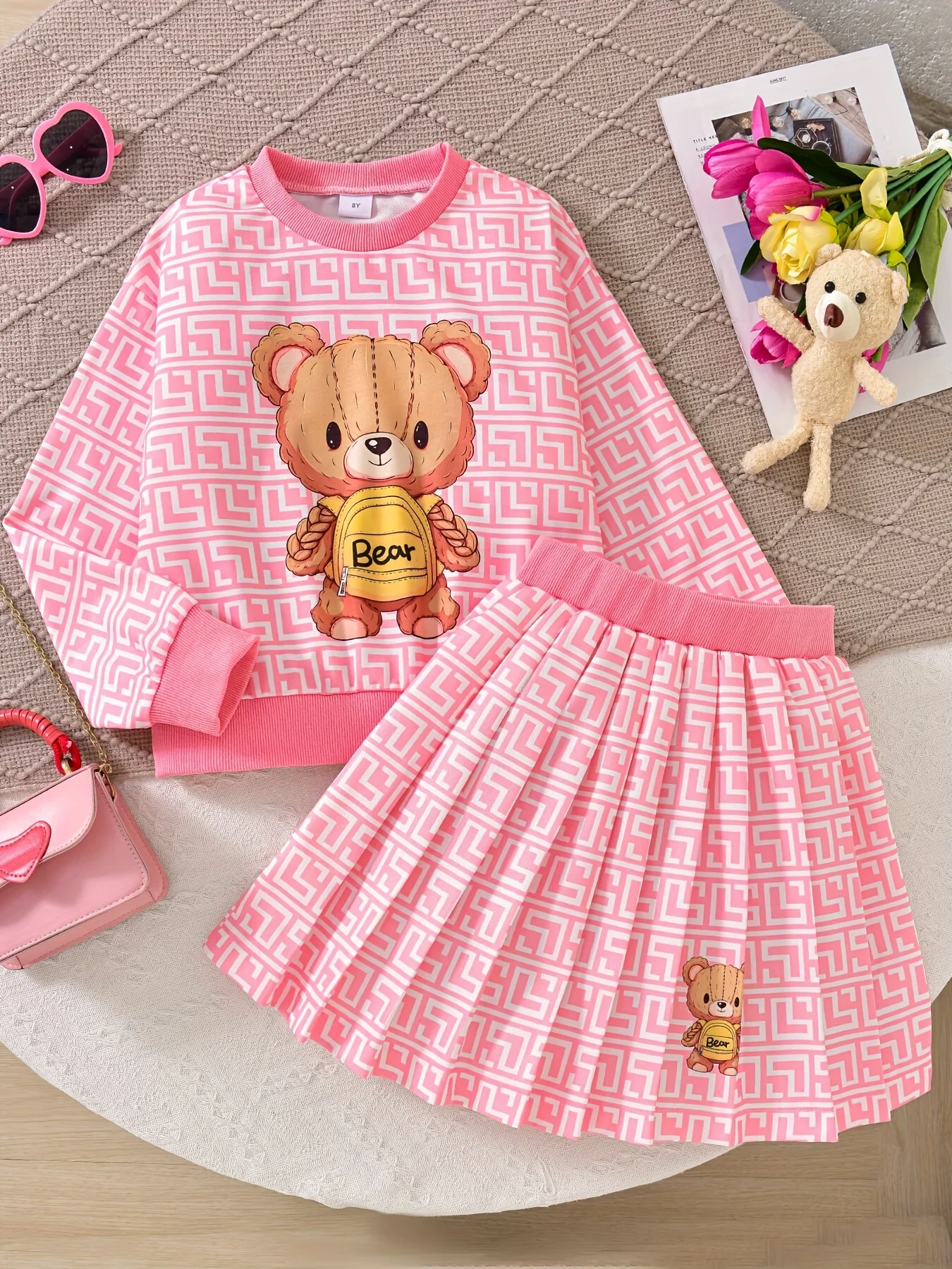 Girls Spring & Summer Sweet Pink Long Sleeve Cartoon Bear Print Top + Pink Skirt 2-Piece Set