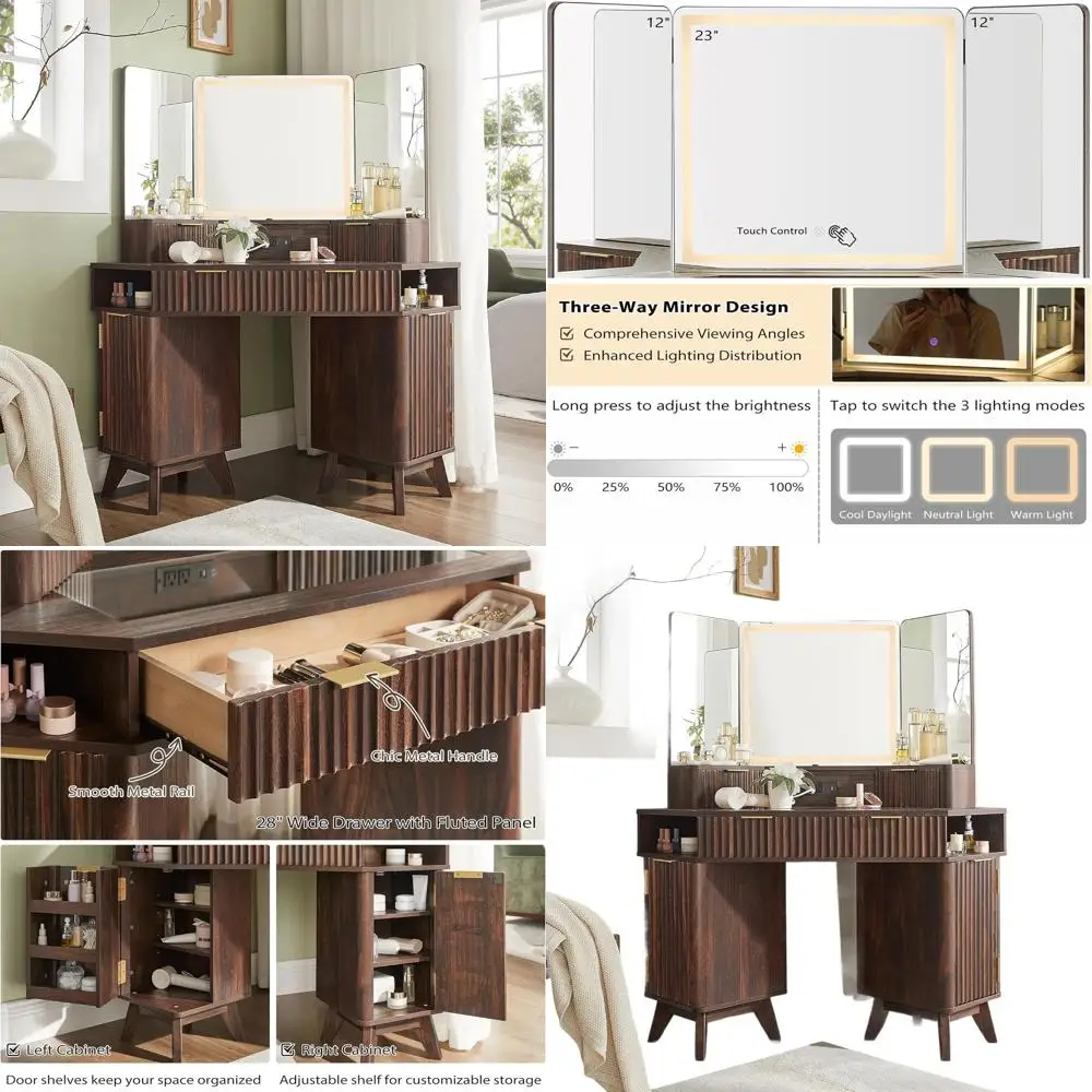 

48 Corner Vanity Desk with 3-Way Mirror, Glass Top, Lighting, Charging, Storage, Dark Walnut Finish