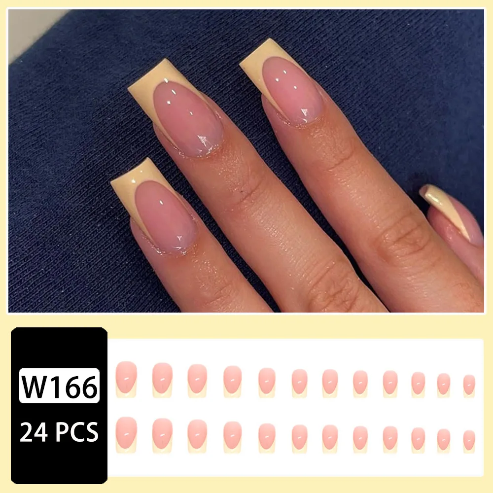 24pcs Simple Yellow French Spring Summer Fake Nails Fashion Mid-Length Square Removable Press on Nails Cheap Artificial Nail Art