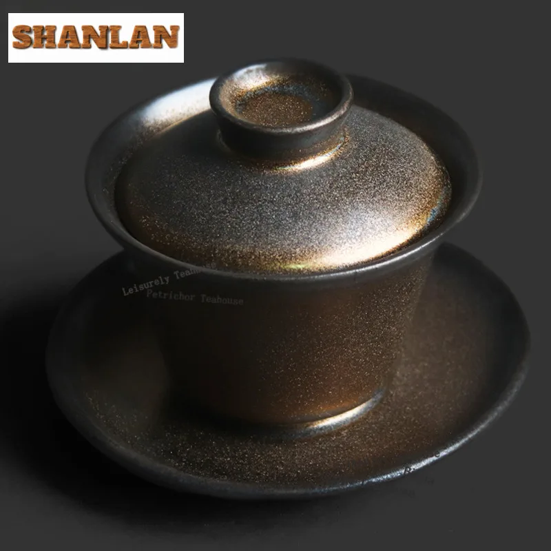 150ml Kiln-changed Black Gold Horseshoe Gaiwan Handmade Tea Tureen Tea Bowl With Lid Kit Tea Maker Cover Bowl Drinkware Gift