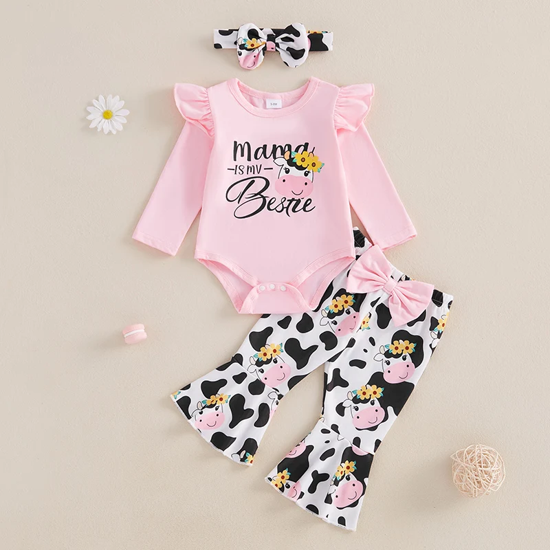 Baby Cowgirl Outfit Cow Print Frill Long Sleeve Romper Flare Pants Headband Set Infant Girl Western Clothes