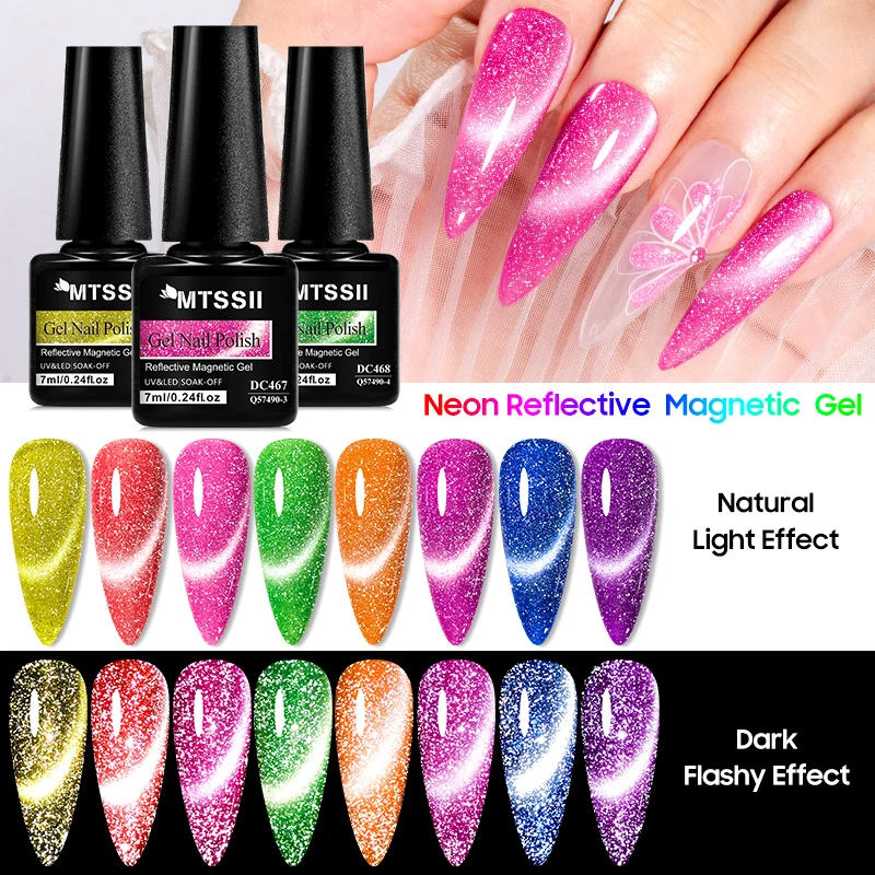 

MTSSII 7ml Reflective Glitter Magnetic Gel Fluorescent Green Semi Permanent Neon Glitter Gel Nail Polish Nail Art Varnish