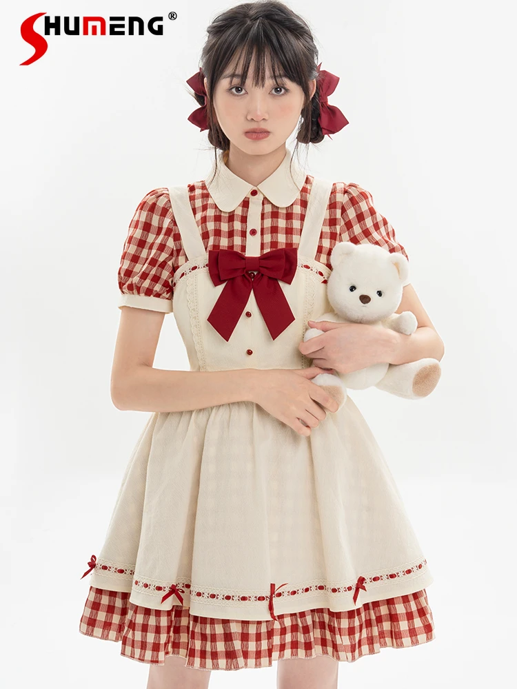 

Japanese Sweet Cute Pastoral Style Doll Collar Puff Sleeve High Waist A-line Plaid Dress Back Bow Over Dress Two-Piece Set Women