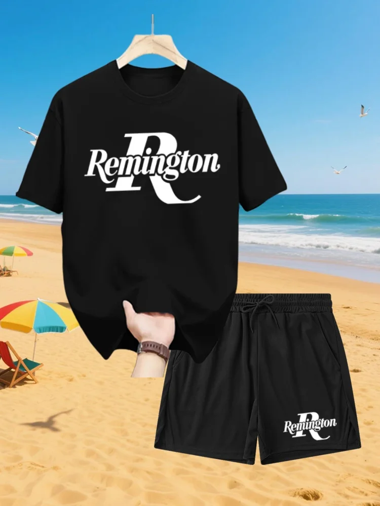 Lässiges, locker sitzendes T-Shirt für Herren, kurze Hose mit Remington-Logo-Aufdruck – atmungsaktiver Kurzarm-T-Shirt mit Rundhalsausschnitt und kurzer Hosenanzug