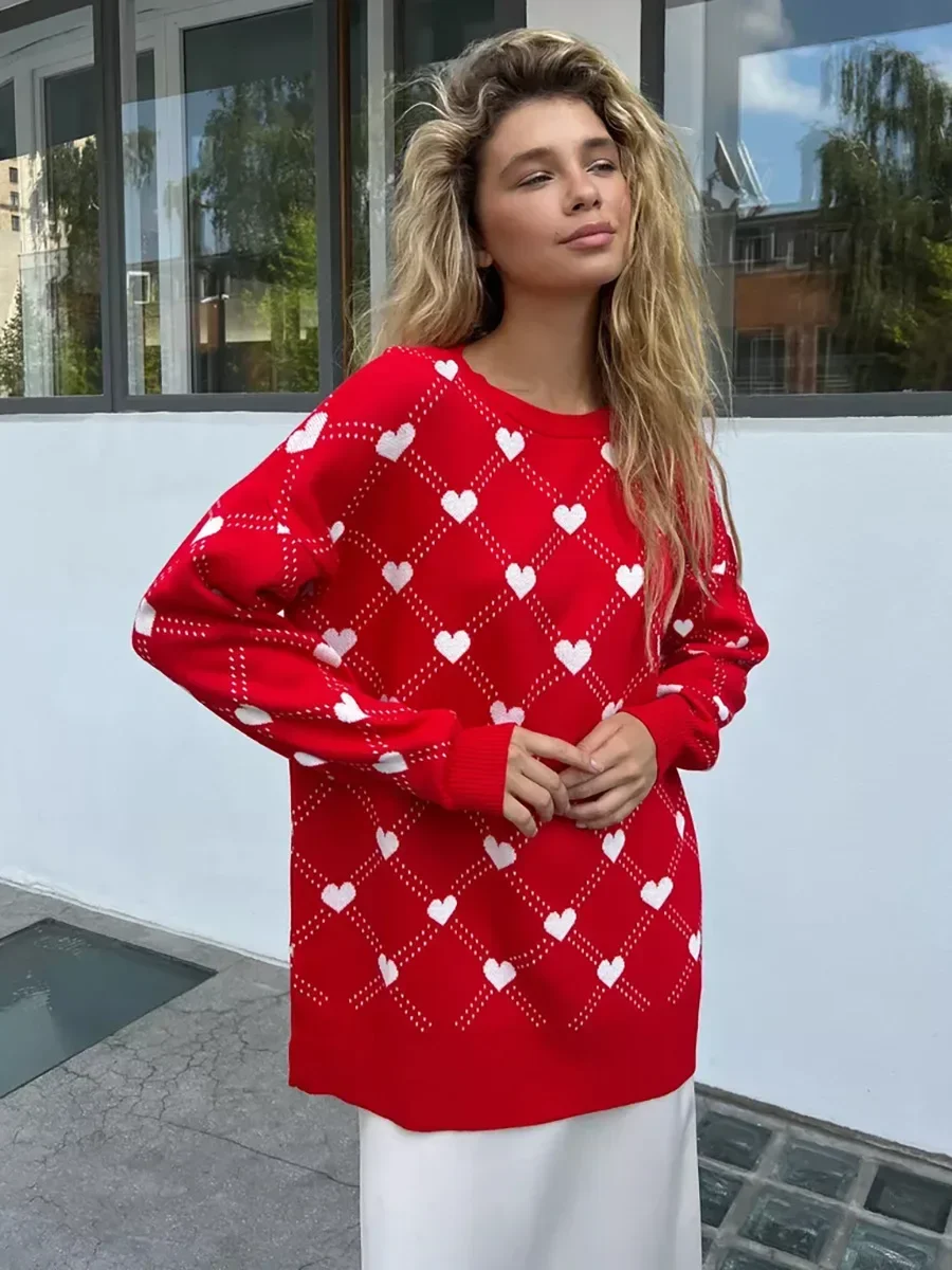 Wolfeel New Warm Love Printed Chic Sweter Jesień Zima Luźny Sweter Damski Średniej Długości Modny Sweter O-neck Pullover Top