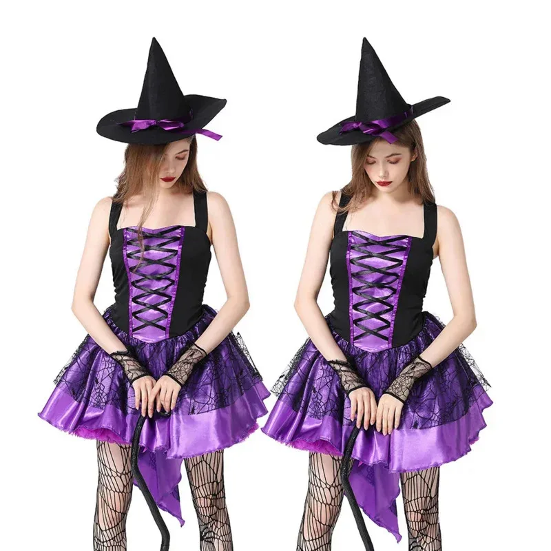 Gothic Witch dress Halloween Costume Party Clothing Adult Female Costumes Sexy Tuxedo Sling Tulle Dress Hat Sleeves