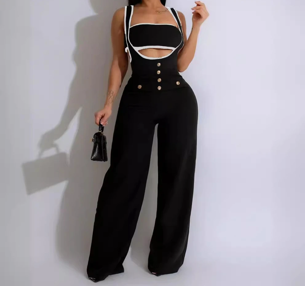 2 Piece Jumpsuit Sets Women Outfit 2024 Summer New Contrasting Color Bra Top Button Design High Waist Overall Jumpsuit Pants Set