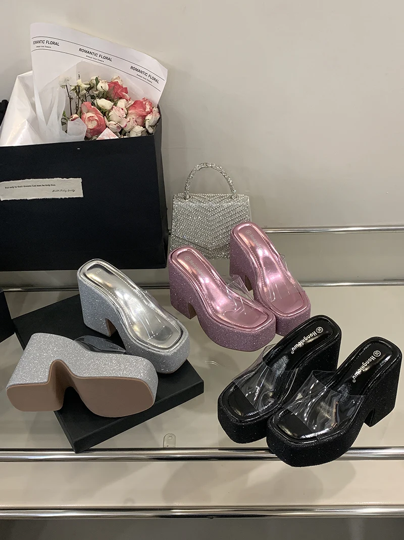 Pink Platform Heels Slippers 12cm Chunky Heeled Sandals For Woman PVC Clear Block Shoes Silver Summer Sandals Ladies Sandales